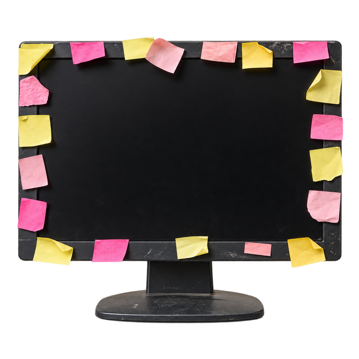 A monitor ringed with blank sticky notes