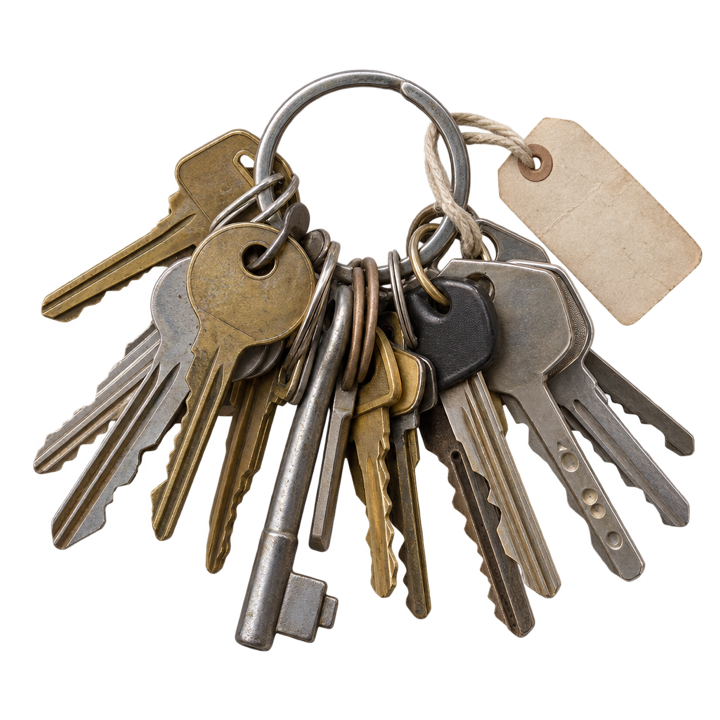 A key ring with fifteen keys